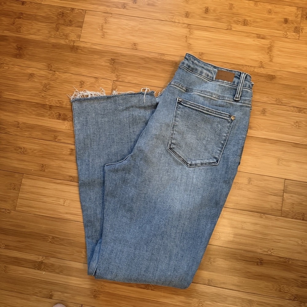 Judy Blue Slim Boot Cut Jeans Womens 14W Light Wash Raw Hem Stretch Denim